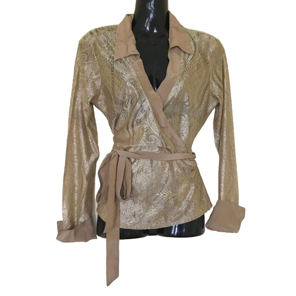 Womens Taupe Wrap Blouse with Tie Waist
